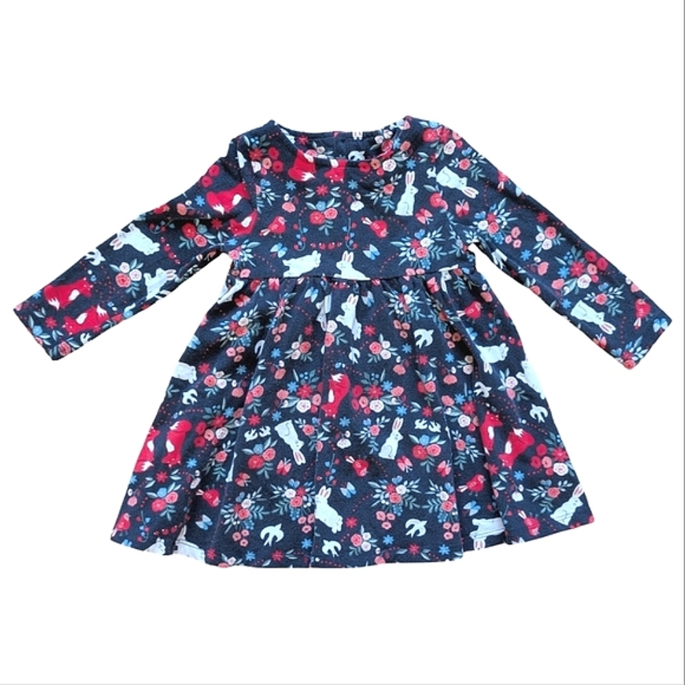 Polarn O. Pyret Floral & Animal Print Long Sleeve Twirl Dress - Size 1-1.5 Years